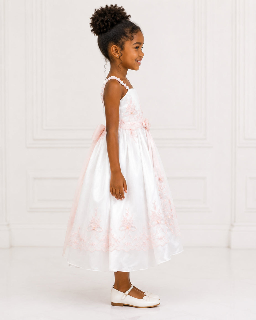 Girls Ivory Pink-Lace Applique Flower Girl Dress - Side View | Afayi Commerce