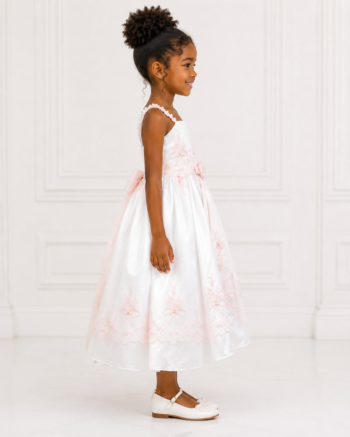 Girls Ivory Pink-Lace Applique Flower Girl Dress - Side View | Afayi Commerce