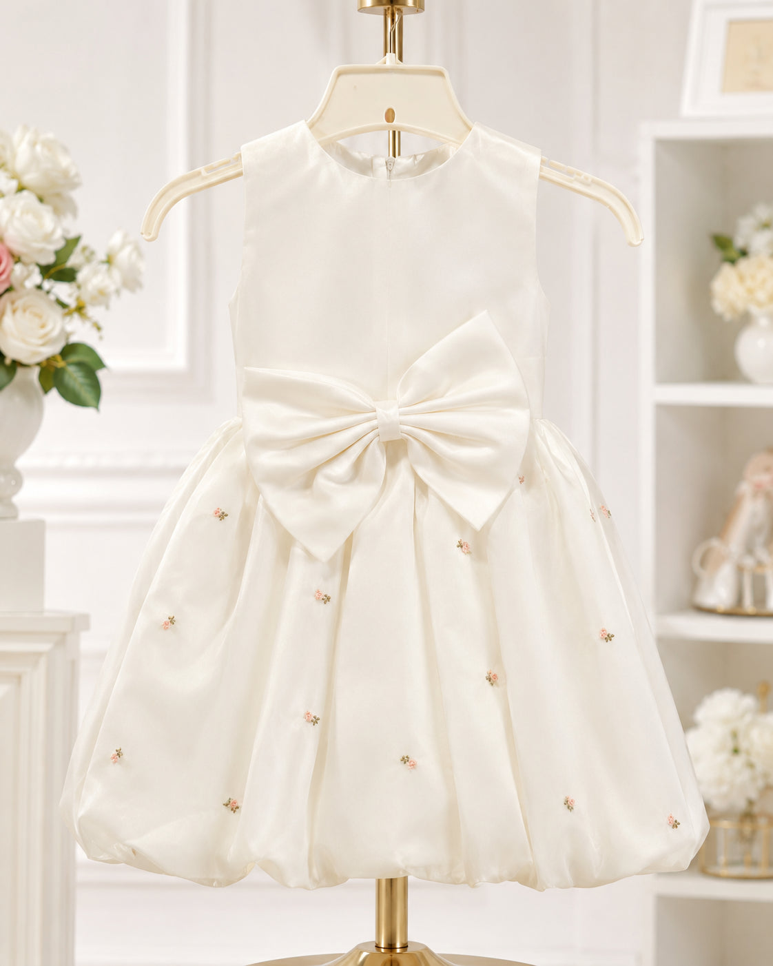Girls Ivory Satin Rosebud Bubble-Hem Dress - Back View 3 | Afayi Commerce