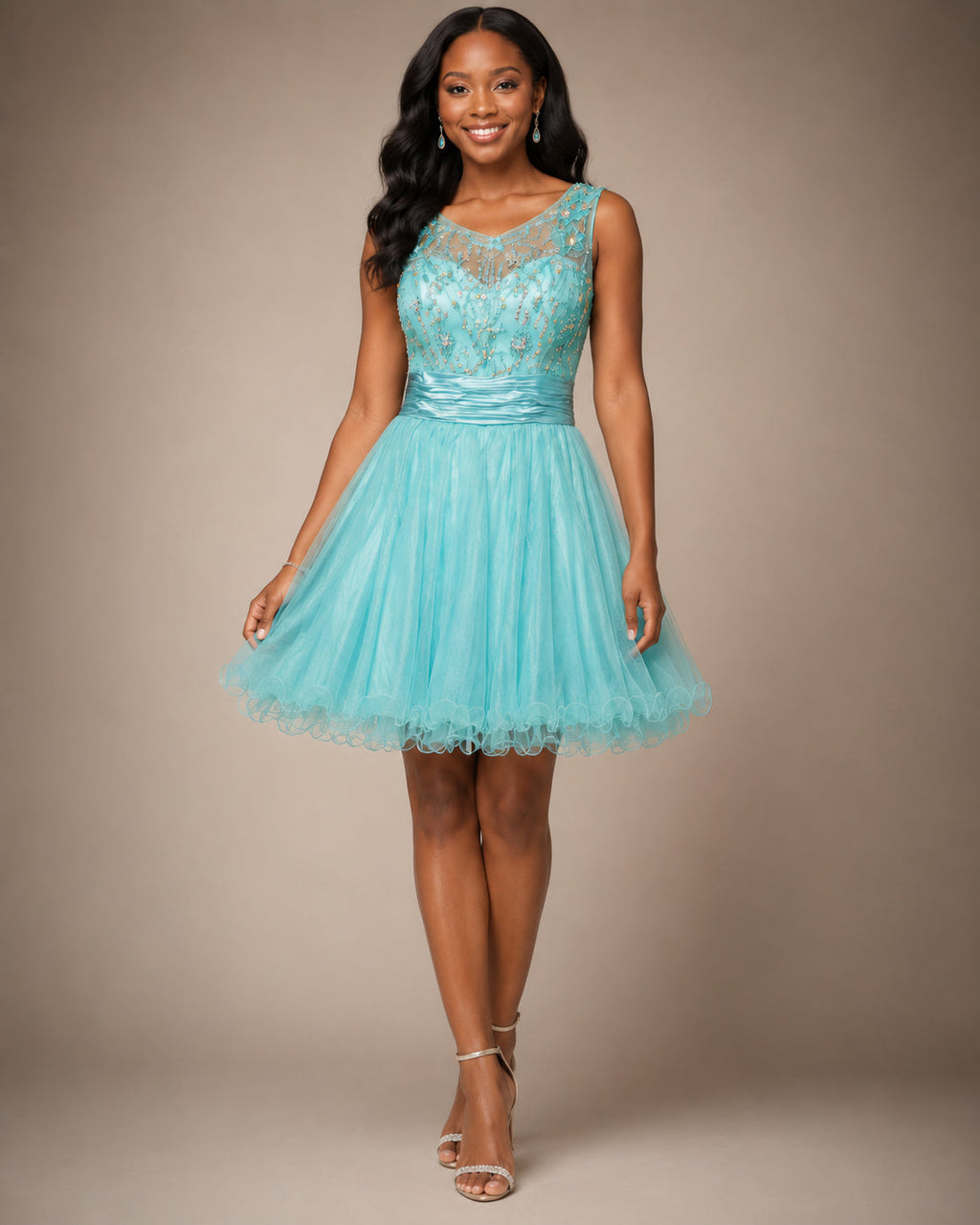 Aqua Glitter Tulle Lace-Bodice Party Dress - Front View 2 | Afayi Commerce