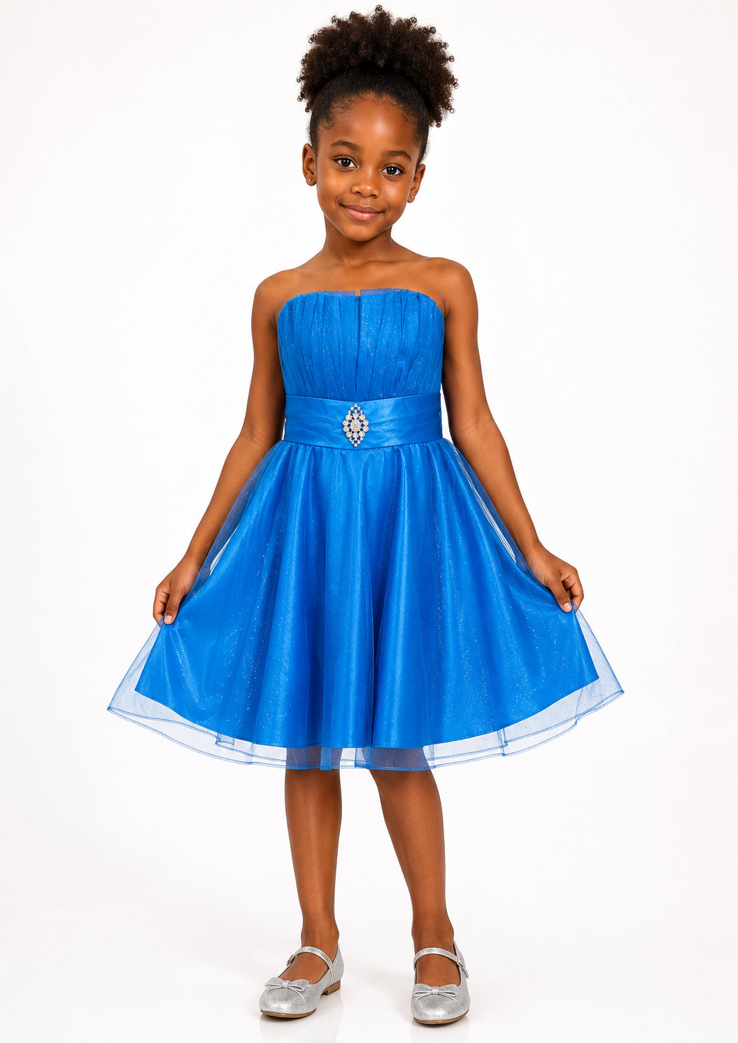 Girls Royal Blue Rhinestone Tulle Party Dress - Front View 3 | Afayi Commerce