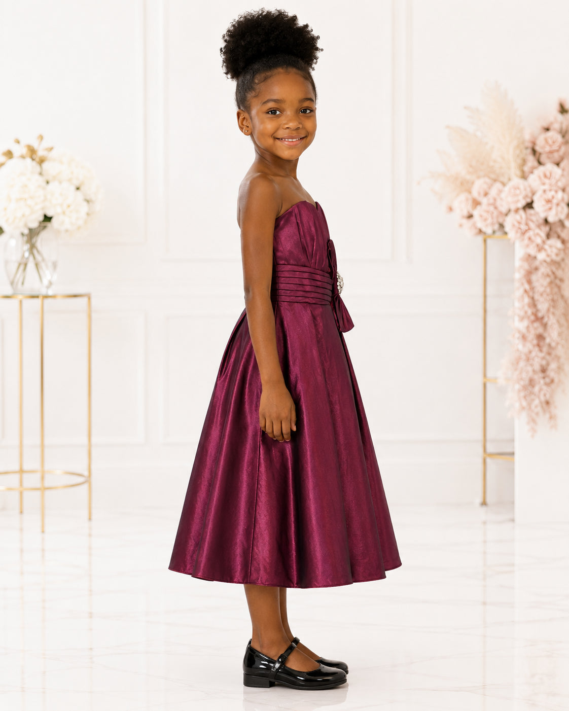 Girls Berry Strapless Ruched Taffeta Party Dress - Side View | Afayi Commerce