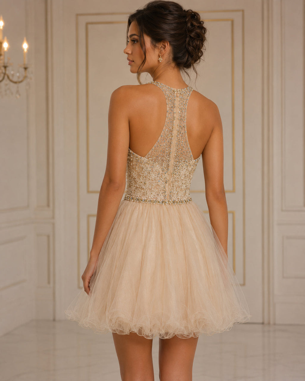 Champagne Gold Beaded Halter Tulle Party Dress - Back View | Afayi Commerce
