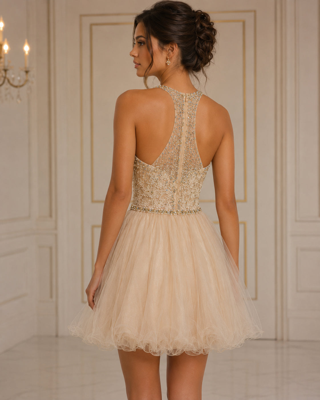 Champagne Gold Beaded Halter Tulle Party Dress - Back View | Afayi Commerce