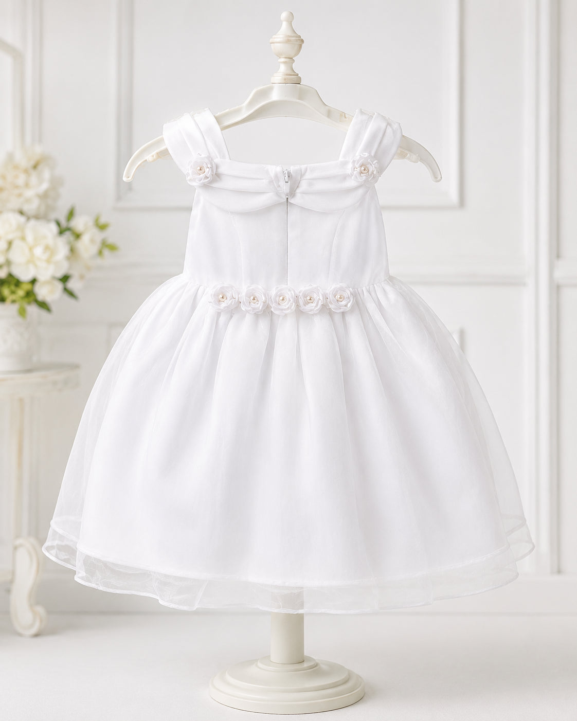 Girls White Organza Rosette-Waist Flower Girl Dress - Front View 2 | Afayi Commerce