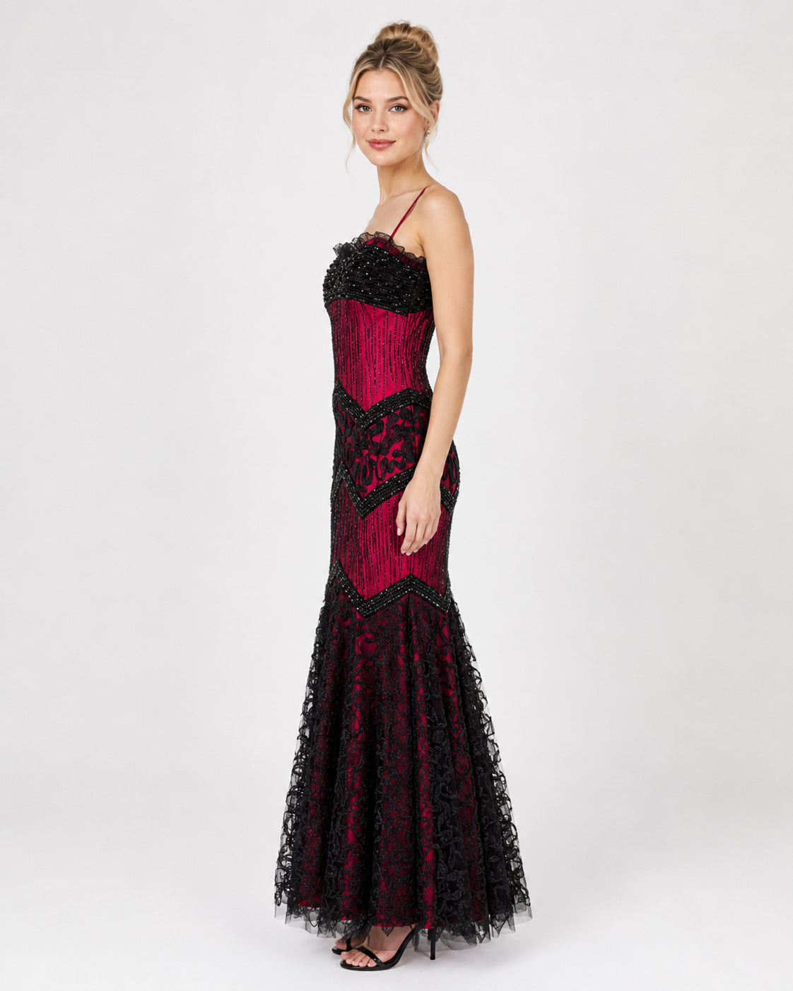 Crimson and Black Beaded Chevron Lace Mermaid Gown - Alternate View 4 | Afayi Commerce