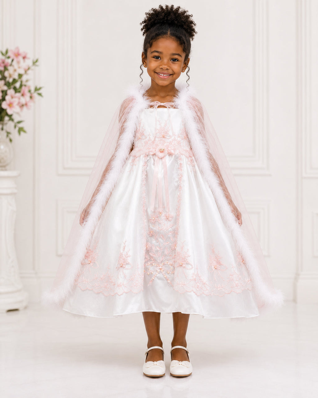Girls Ivory Pink-Lace Applique Flower Girl Dress - Styled View | Afayi Commerce