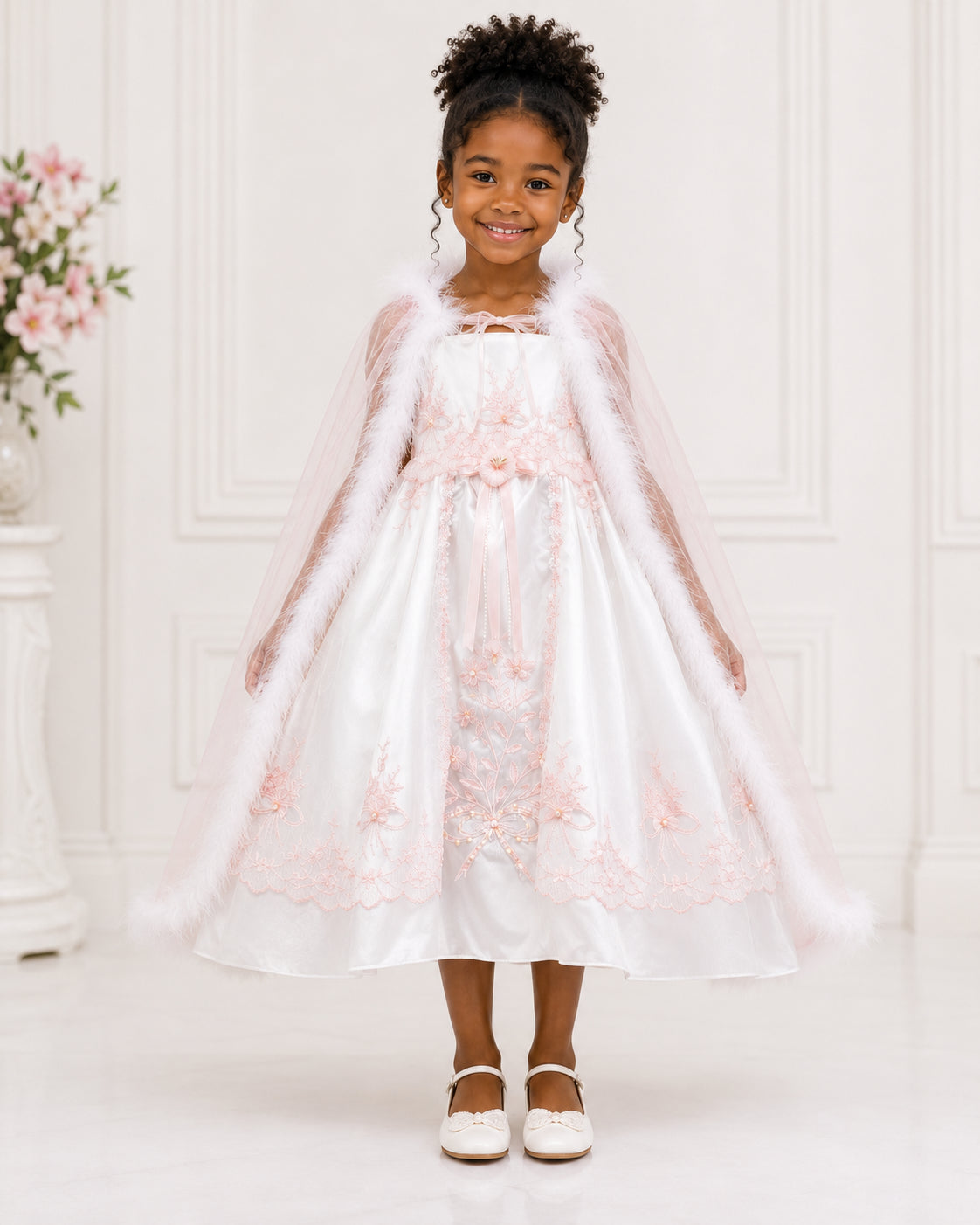 Girls Ivory Pink-Lace Applique Flower Girl Dress - Styled View | Afayi Commerce