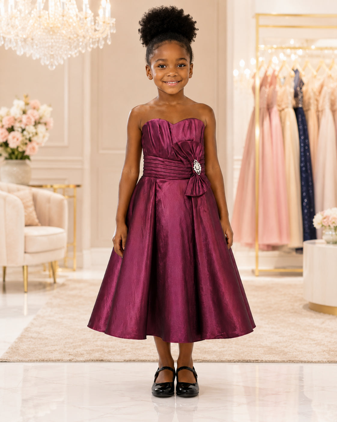 Girls Berry Strapless Ruched Taffeta Party Dress - Front View 2 | Afayi Commerce