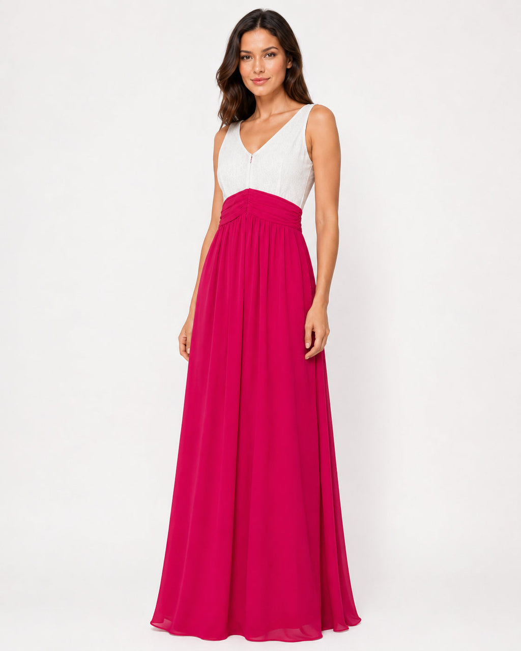 White Lace and Magenta Chiffon A-Line Gown - Front View | Afayi Commerce