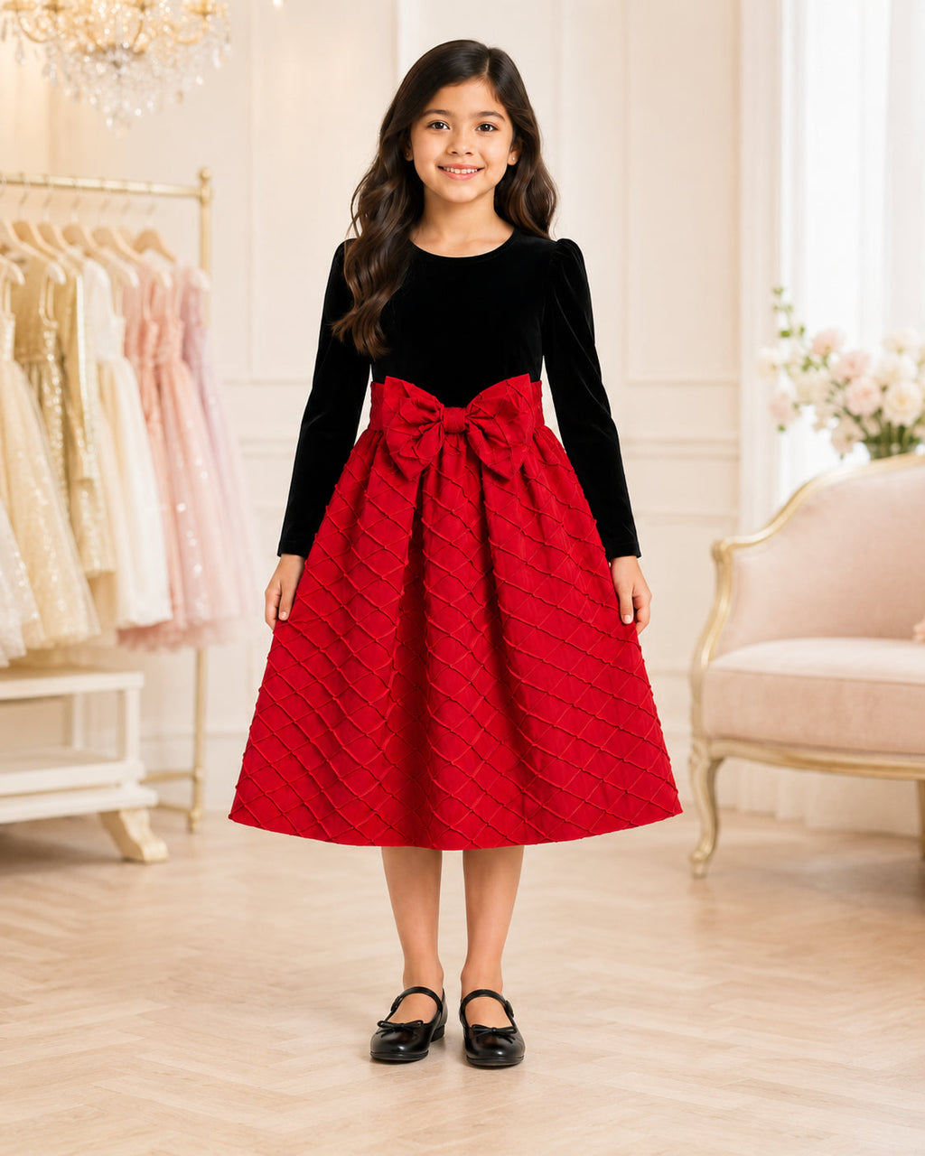 Girls Crimson Quilted Velvet Holiday Dress - Front View | Afayi Commerce