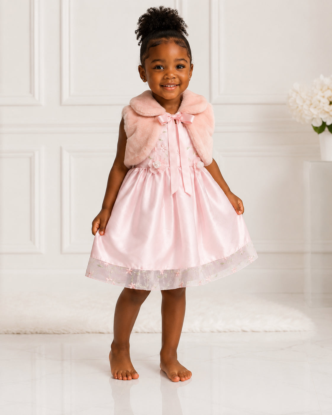 Girls Pink Satin Floral Lace-Hem Party Dress - Styled View | Afayi Commerce