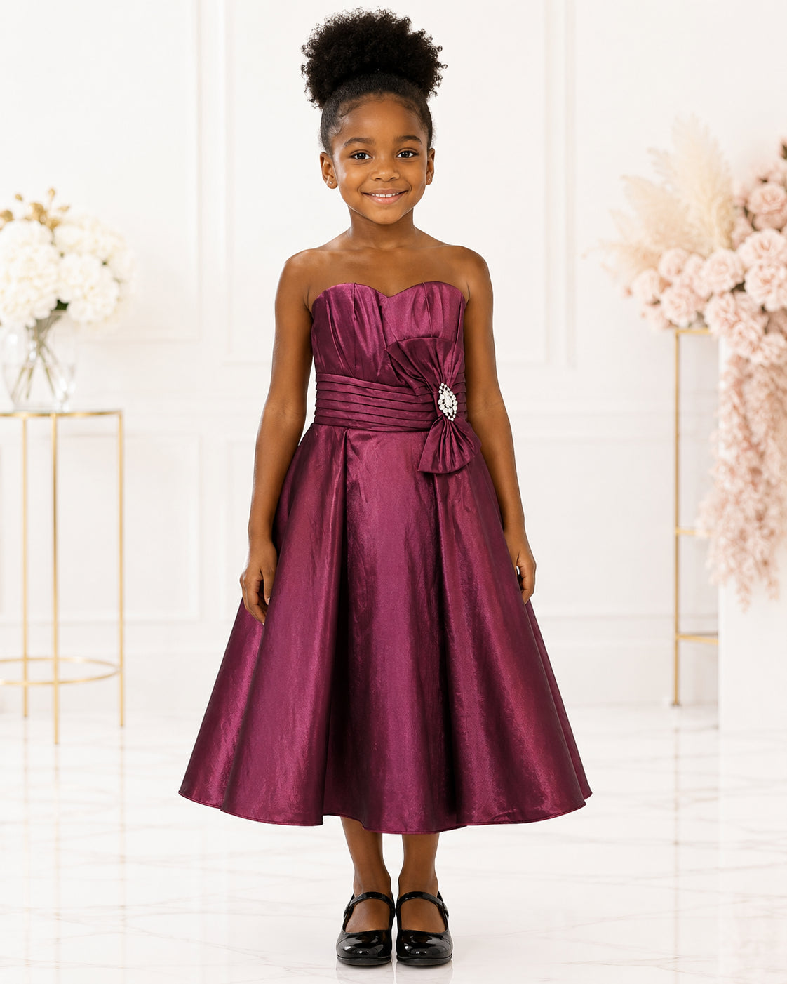 Girls Berry Strapless Ruched Taffeta Party Dress - Front View 3 | Afayi Commerce