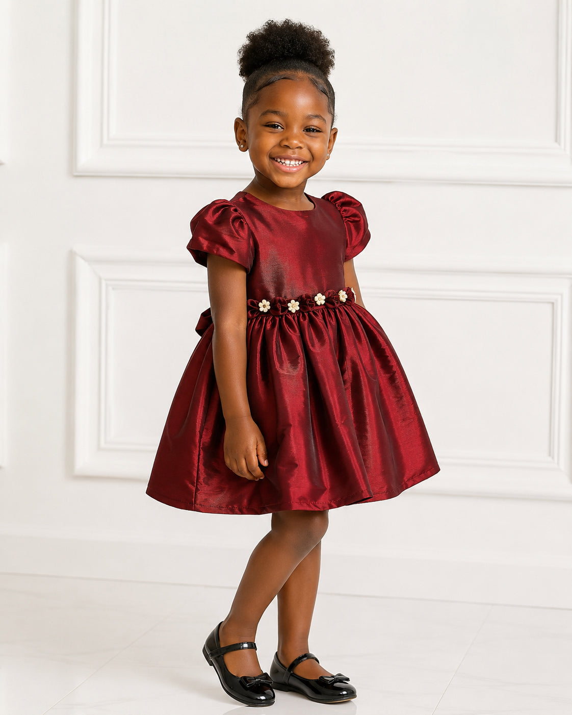 Girls Burgundy Taffeta Puff-Sleeve Holiday Dress - Front View 2 | Afayi Commerce