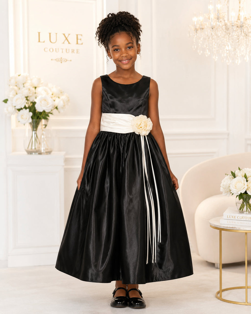 Girls Black Satin Ivory-Sash Flower Girl Dress - Front View 3 | Afayi Commerce
