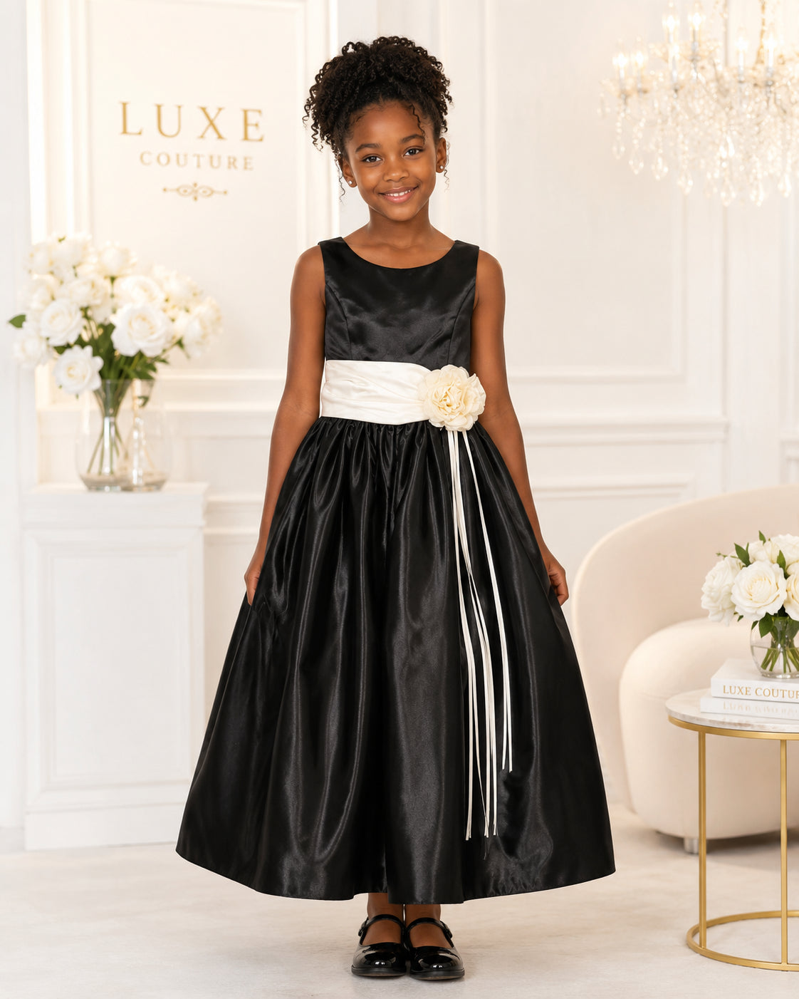 Girls Black Satin Ivory-Sash Flower Girl Dress - Front View 3 | Afayi Commerce