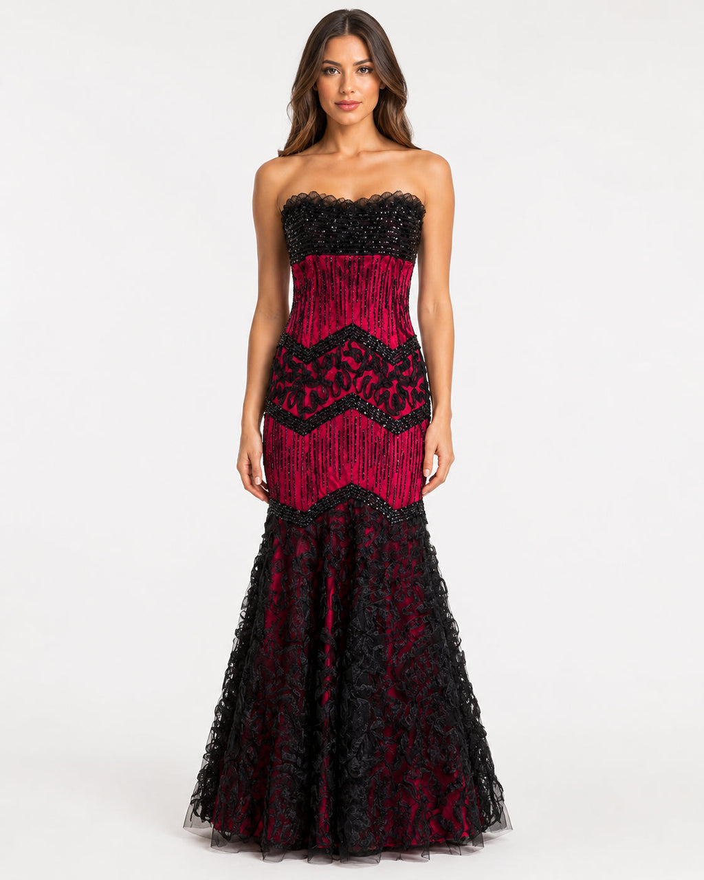 Crimson and Black Beaded Chevron Lace Mermaid Gown - Alternate View 5 | Afayi Commerce