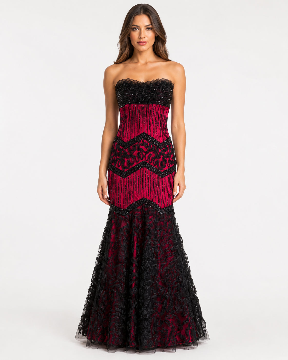 Crimson and Black Beaded Chevron Lace Mermaid Gown - Alternate View 5 | Afayi Commerce