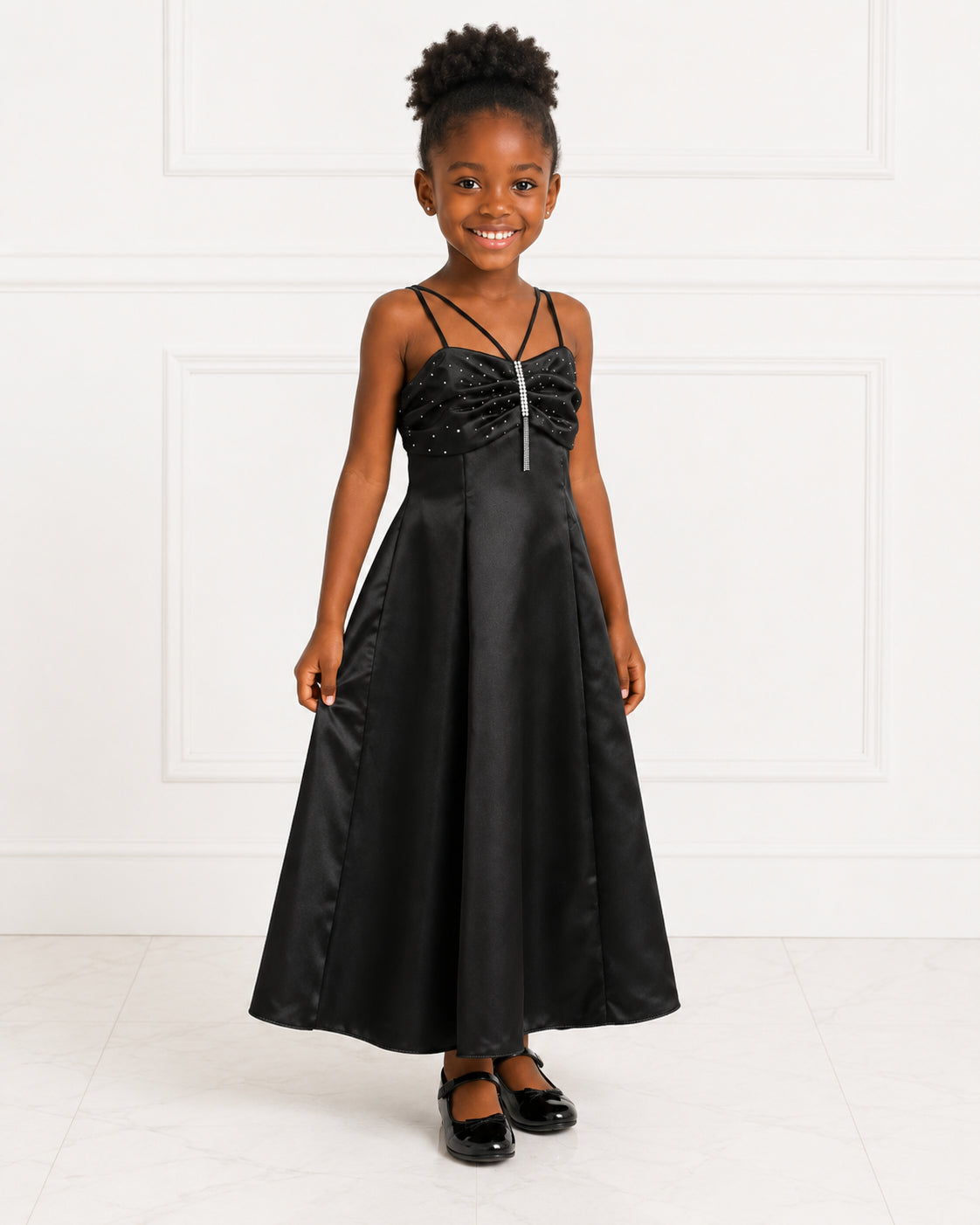 Girls Black Satin Beaded-Bodice Party Gown - Front View 3 | Afayi Commerce