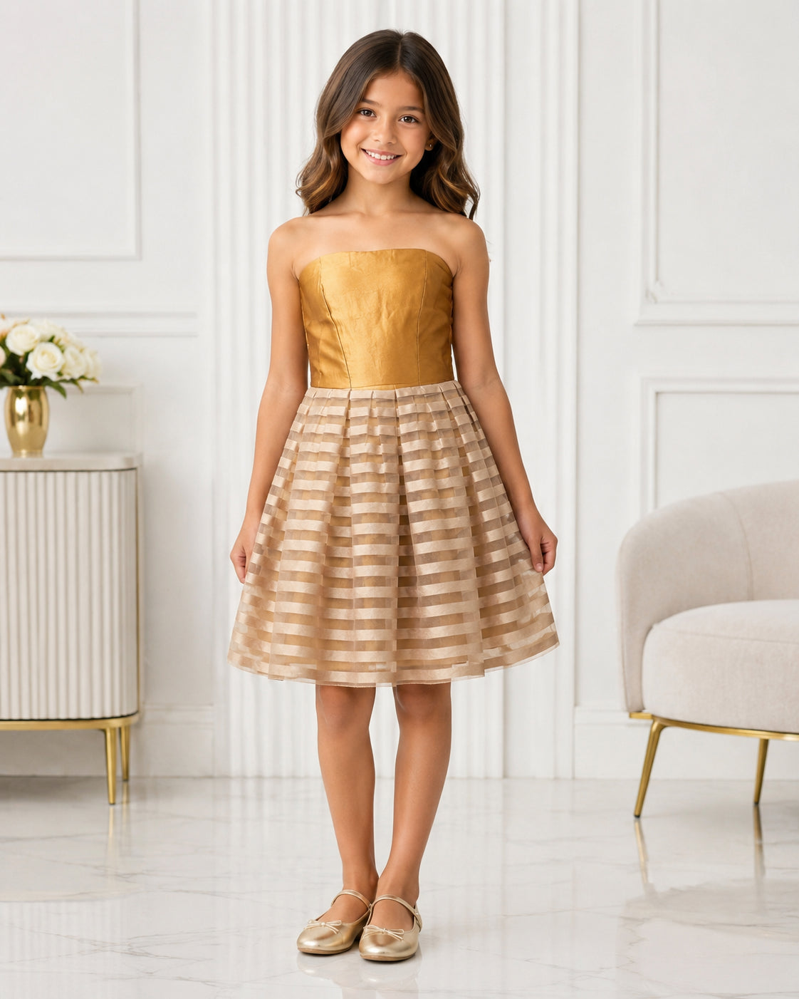 Girls Gold Striped Organza Party Dress - Front View | Afayi Commerce