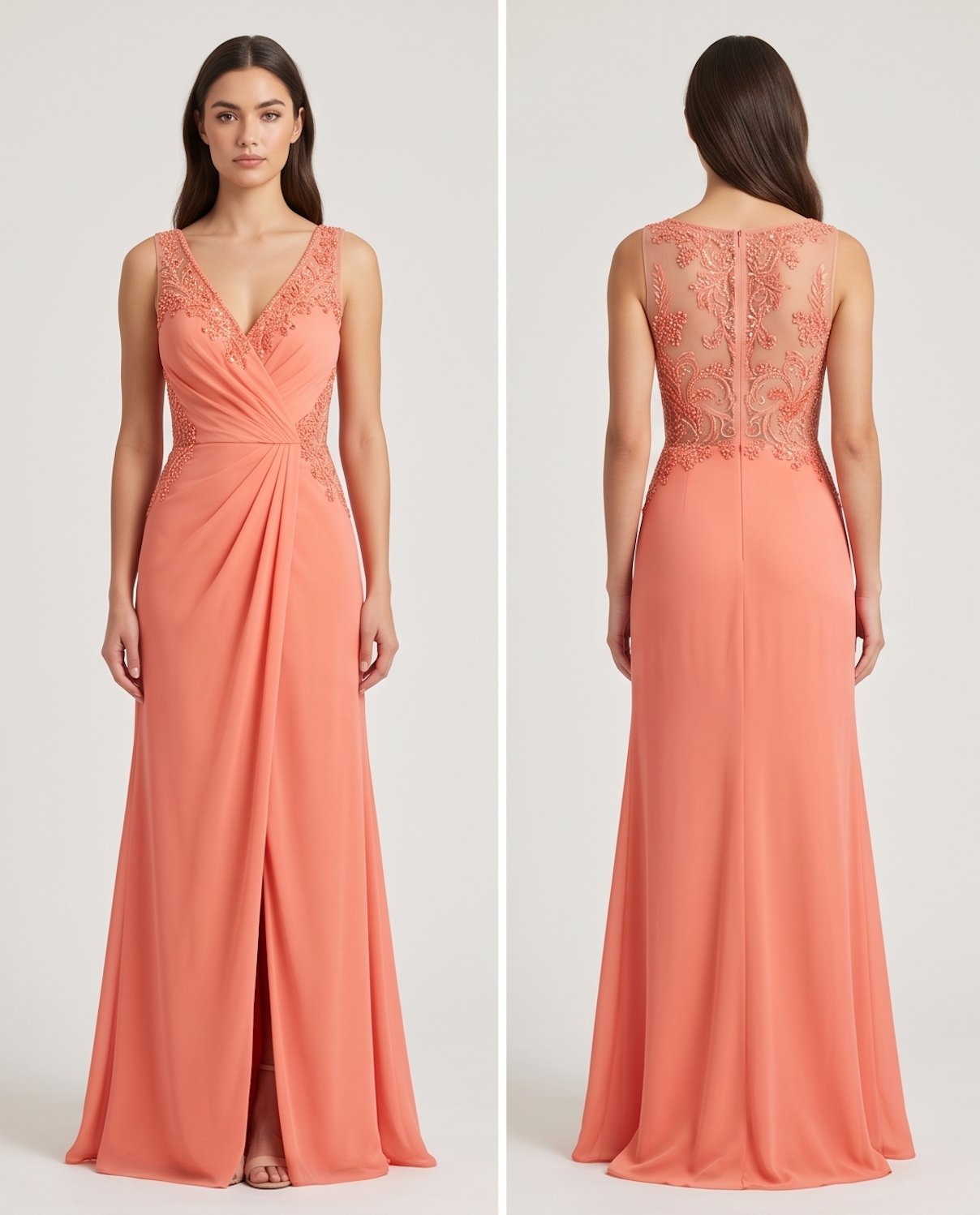 Coral Ruched Lace Gown - Front View | Afayi Commerce