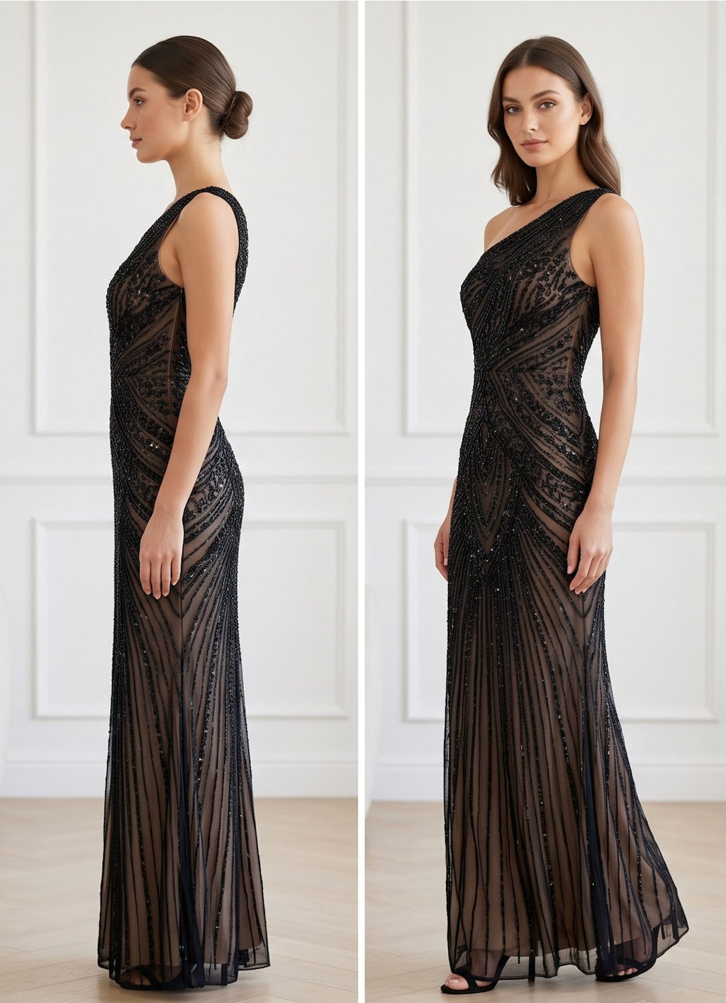 Black Deco Beaded One-Shoulder Gown - Alternate View 1 | Afayi Commerce