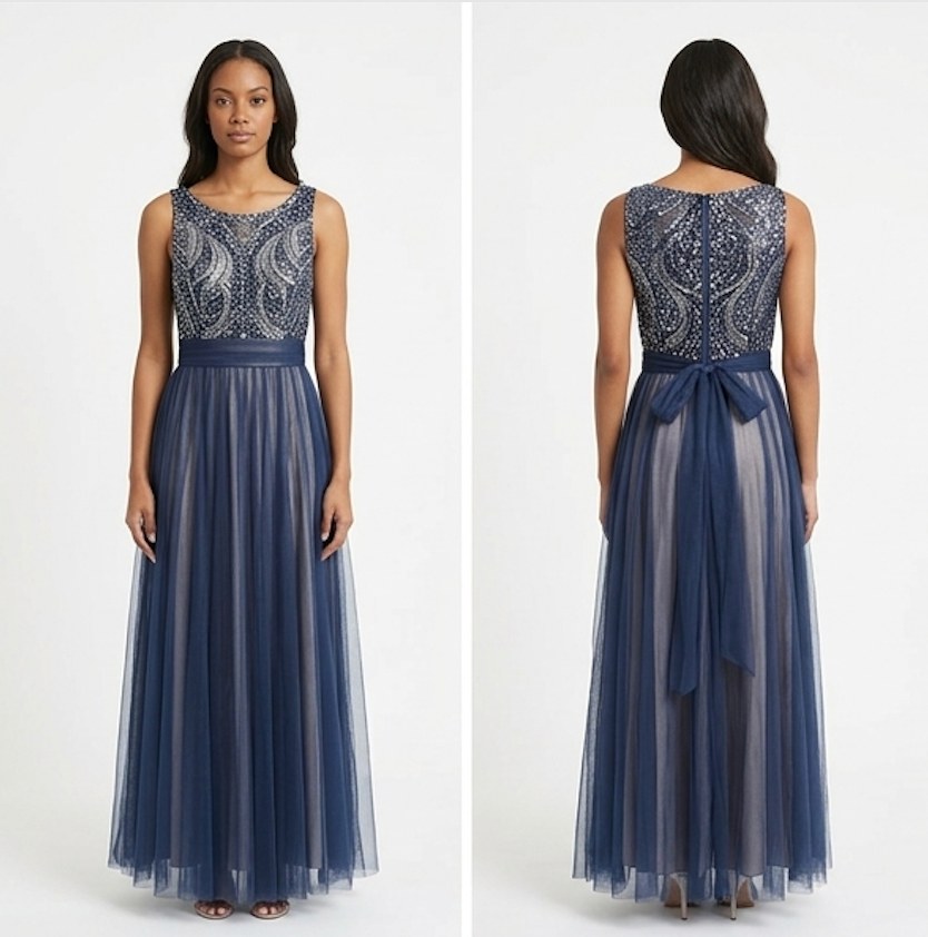 Navy Beaded Tulle Gown - Front View | Afayi Commerce