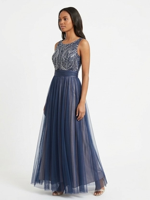 Navy Beaded Tulle Gown - Alternate View 1 | Afayi Commerce