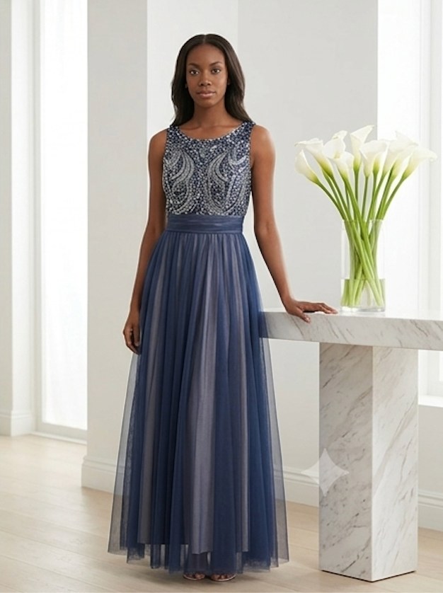 Navy Beaded Tulle Gown - Alternate View 2 | Afayi Commerce