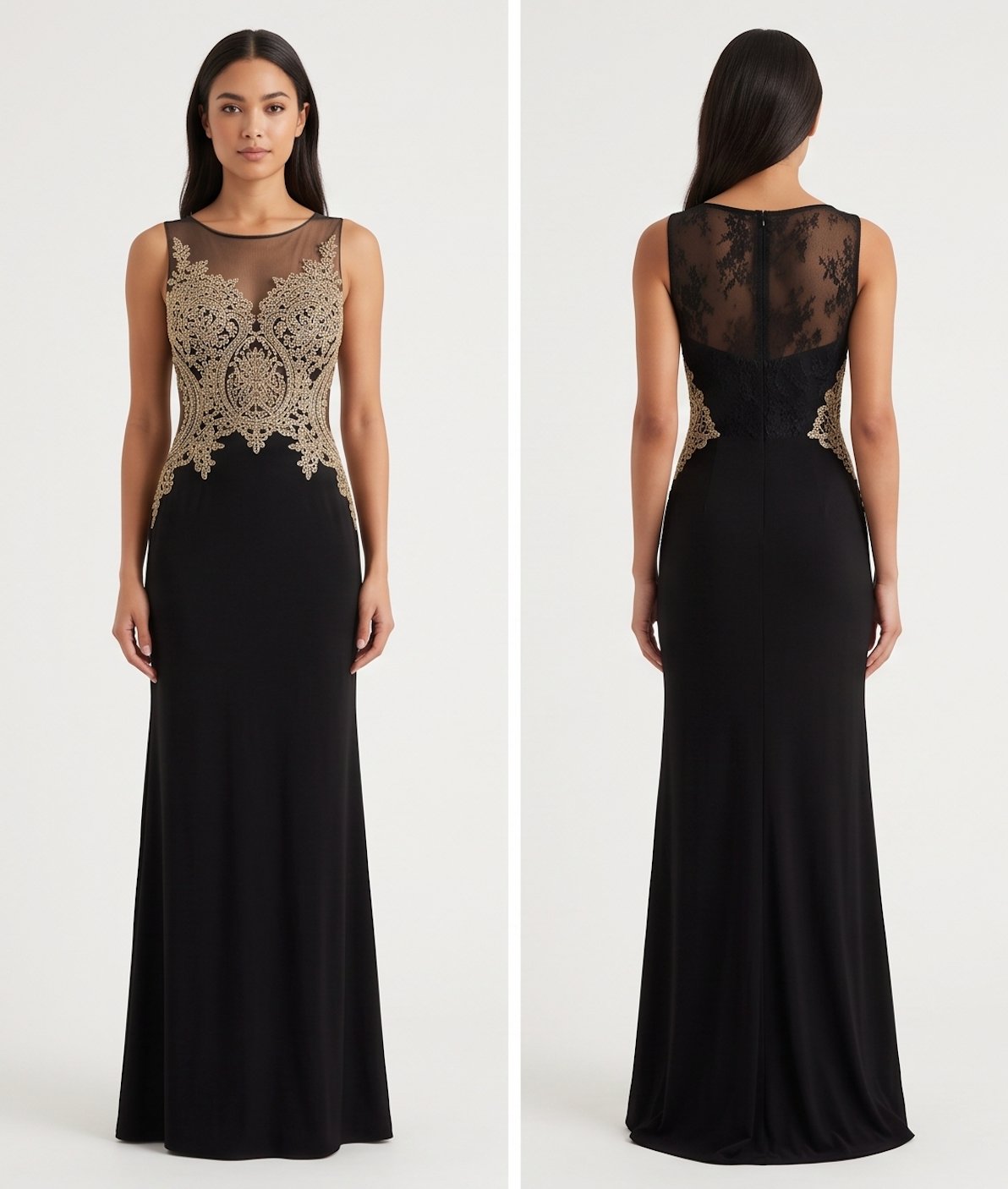 Black Gold-Lace Bodice Gown - Front View | Afayi Commerce