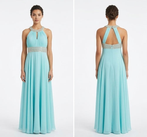 Aqua Halter Beaded Gown - Front View | Afayi Commerce