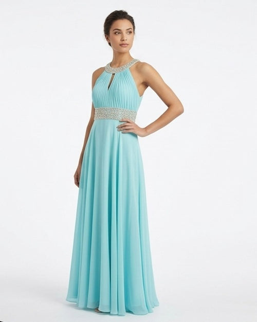 Aqua Halter Beaded Gown - Alternate View 1 | Afayi Commerce