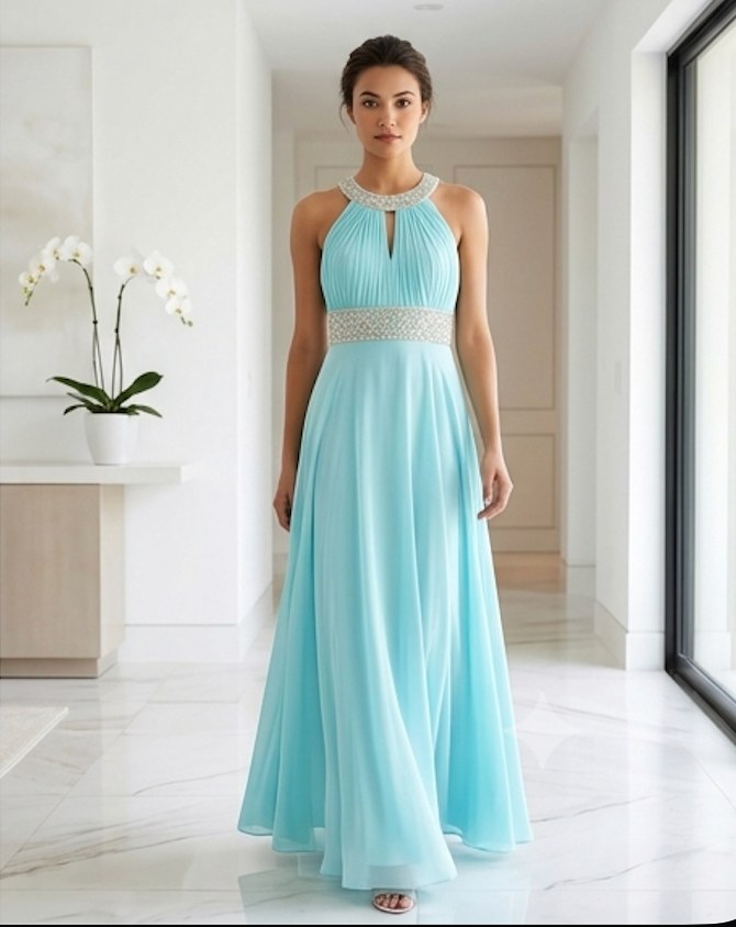 Aqua Halter Beaded Gown - Alternate View 2 | Afayi Commerce