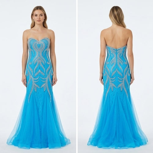 Azure Beaded Tulle Mermaid Gown - Alternate View 1 | Afayi Commerce