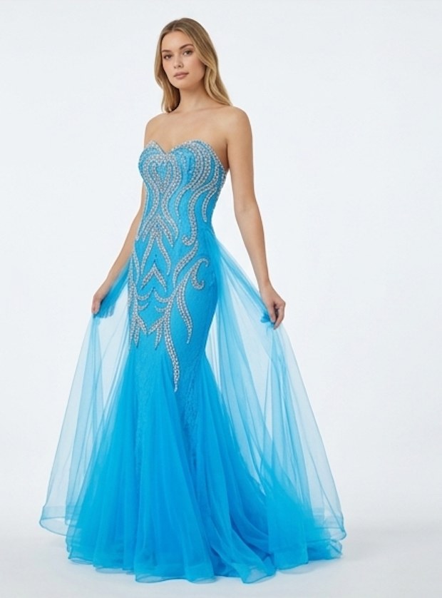 Azure Beaded Tulle Mermaid Gown - Alternate View 2 | Afayi Commerce