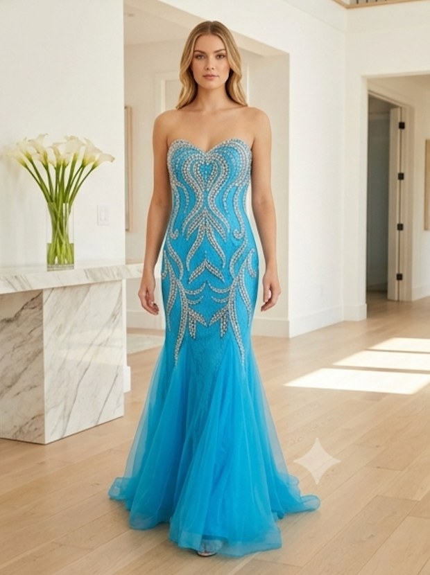 Azure Beaded Tulle Mermaid Gown - Front View | Afayi Commerce
