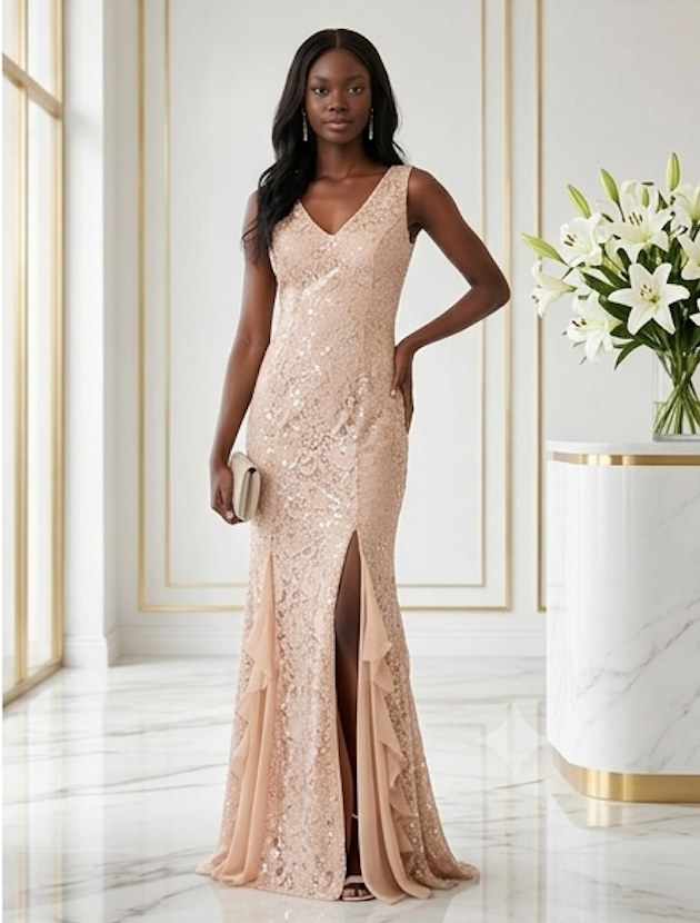 Champagne Lace Ruffle Gown - Front View | Afayi Commerce