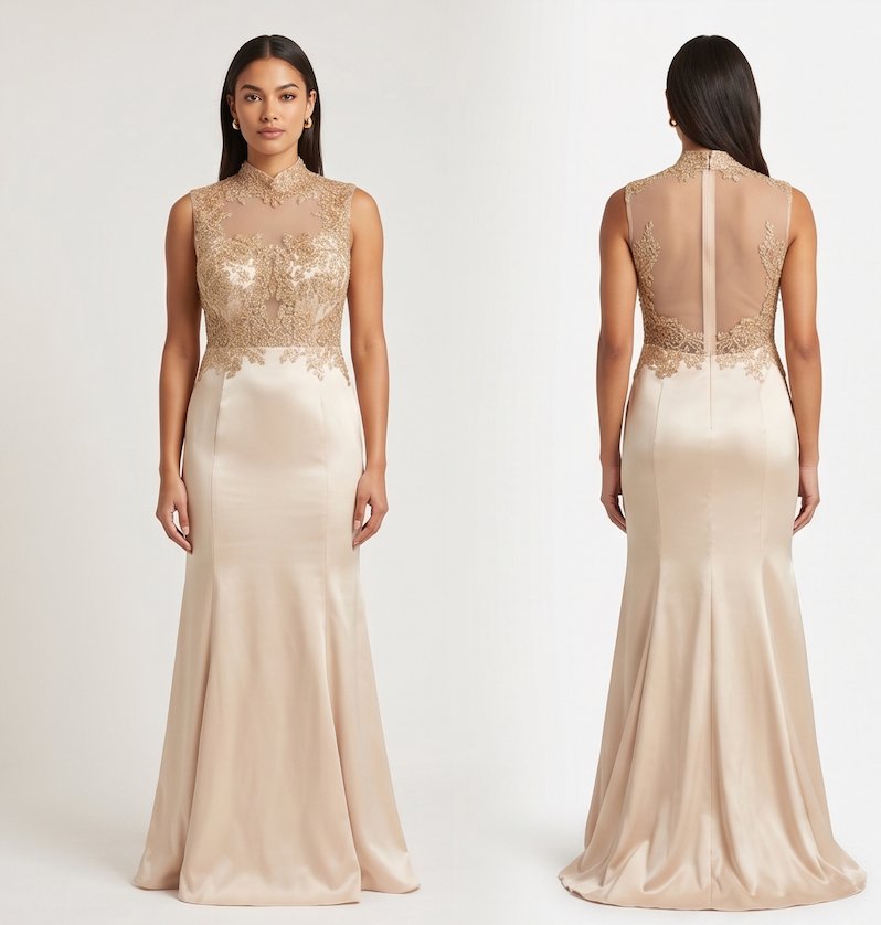 Champagne Satin Beaded Mermaid Gown - Alternate View 1 | Afayi Commerce