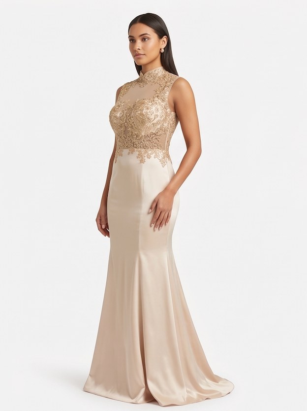 Champagne Satin Beaded Mermaid Gown - Alternate View 2 | Afayi Commerce