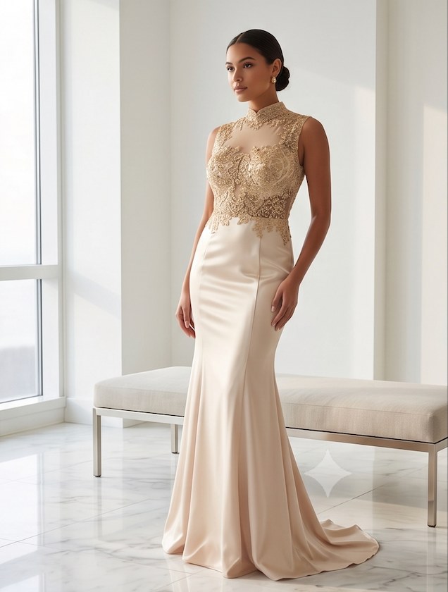 Champagne Satin Beaded Mermaid Gown - Front View | Afayi Commerce