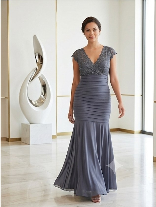 Slate Grey Cap-Sleeve Gown - Front View | Afayi Commerce