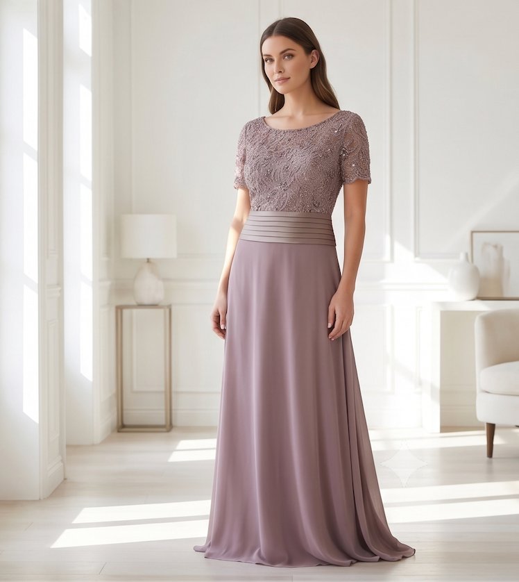 Taupe Lace Short-Sleeve Gown - Front View | Afayi Commerce