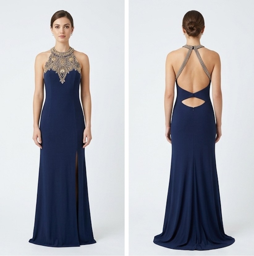 Navy High-Neck Beaded Gown - Alternate View 1 | Afayi Commerce
