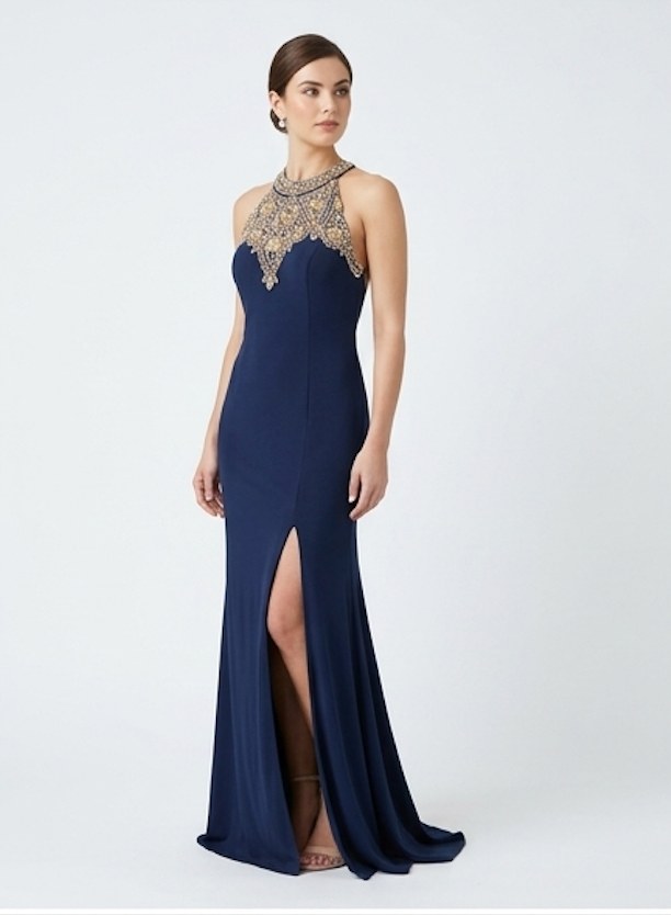 Navy High-Neck Beaded Gown - Alternate View 2 | Afayi Commerce