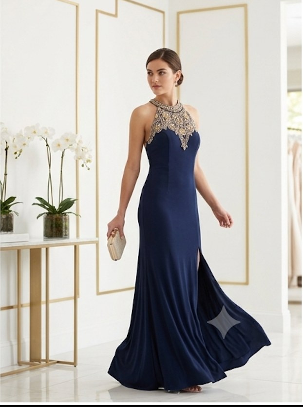 Navy High-Neck Beaded Gown - Front View | Afayi Commerce