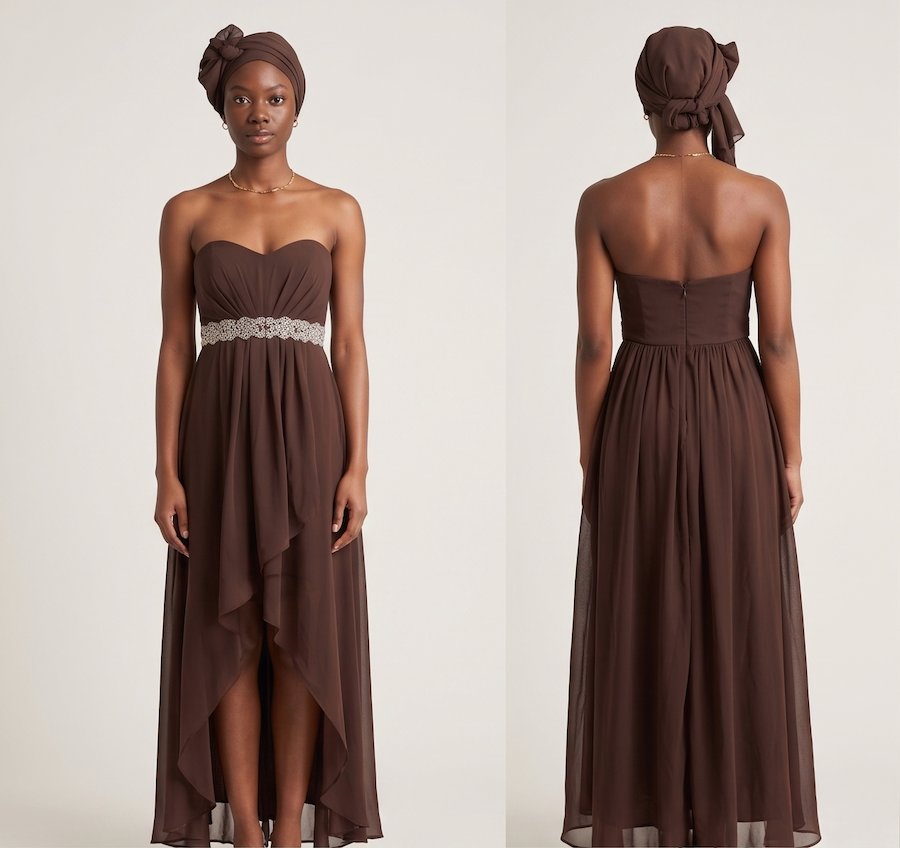 Chocolate Strapless High-Low Gown - Alternate View 1 | Afayi Commerce