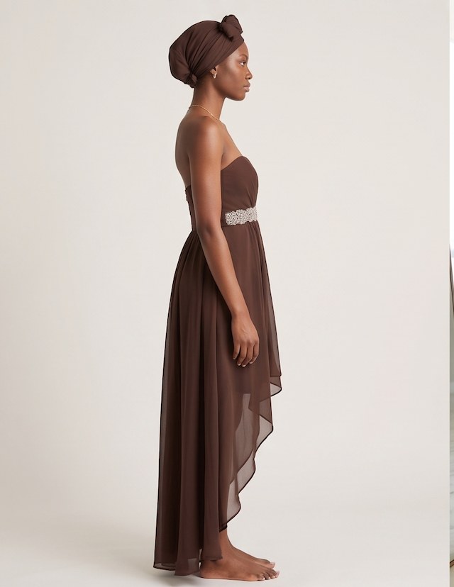 Chocolate Strapless High-Low Gown - Alternate View 2 | Afayi Commerce