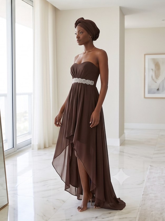 Chocolate Strapless High-Low Gown - Front View | Afayi Commerce