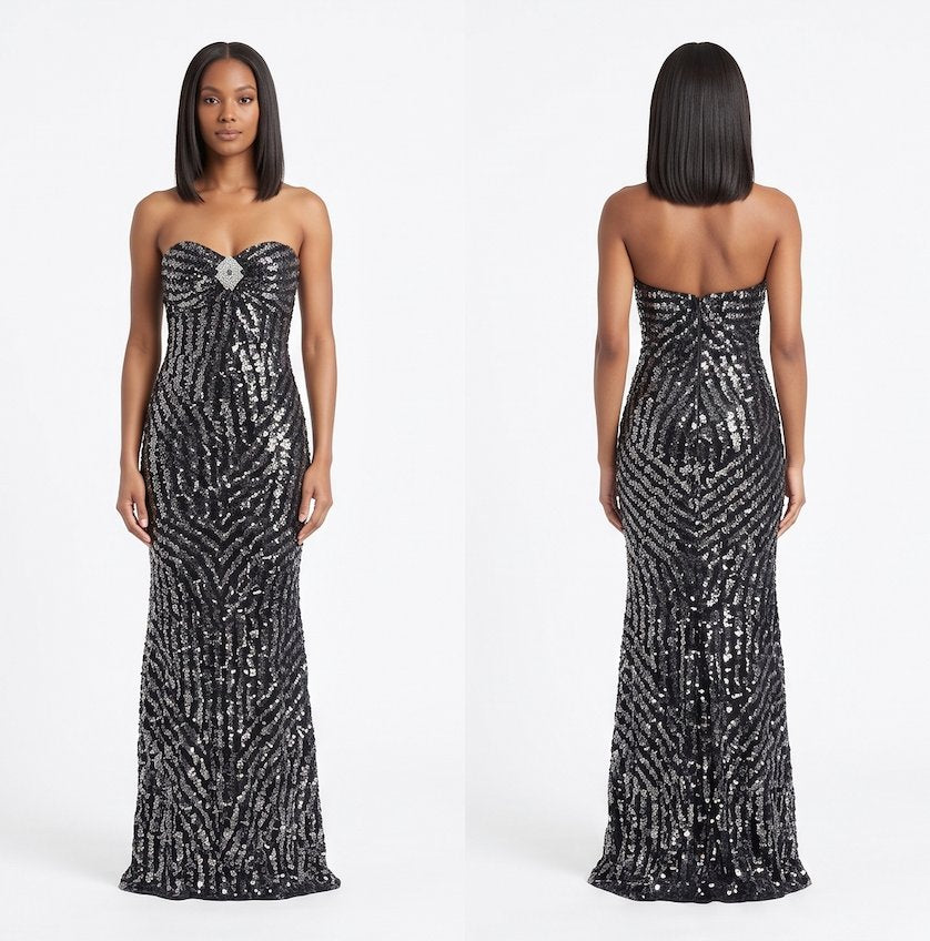 Black Scroll-Sequin Gown - Alternate View 1 | Afayi Commerce