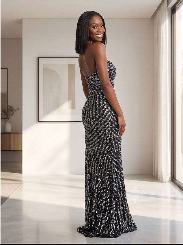 Black Scroll-Sequin Gown - Front View | Afayi Commerce